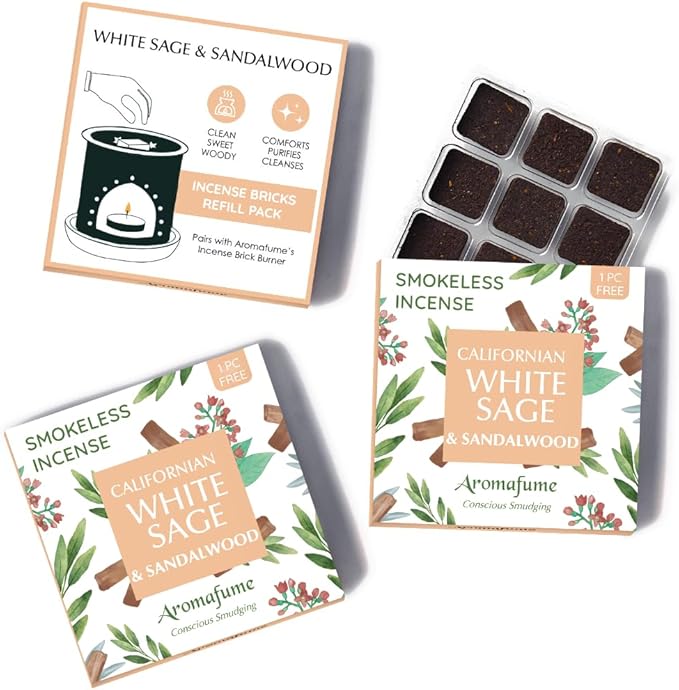 White Sage and Sandalwood Incense Bricks by Aromafume | 3x9 Bricks | Sage Incense for Cleansing Negative Energy & Protection | Sage for Smokeless Smudging & Spiritual Cleansing | Refill Pack