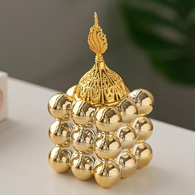 Ceramic Cube Golden Incense Burner Handheld Eid Incense Burner Middle East Arabian Festival Incense Holder Home Decoration Ornament Aromatherapy Furnace (Gold)