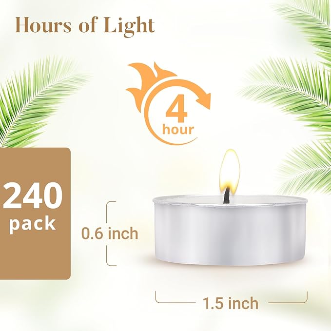 Unscented Tea Lights Candles 240 Pack, 4 Hours Long Burning,White Tea Candles Bulk, Bright Burn with Palm Wax,Smokeless Tealight Candles for Wedding,Centerpiece,Christmas Lights,Home Decorative