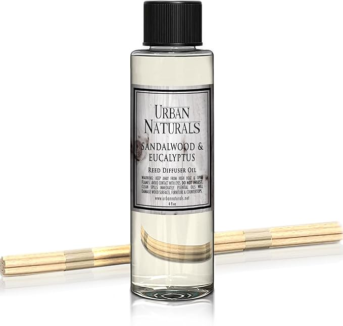 Urban Naturals Reed Diffuser Oil Refill, Sandalwood & Eucalyptus Diffuser Oils with Musk, Herbal Woods, 4 oz + Free Reed Sticks, Made in The USA