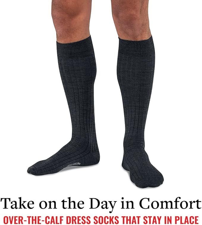 Merino Wool Dress Socks for Men – Over-the-Calf, Ribbed Wool Dress Socks for Size 8-12 – Breathable, Reinforced Heel and Toe