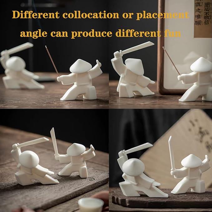 LYART Samurai Statue Decor Japanese Warrior Decor Children's Room Statues, Kongfu Tea Pet Decoration, Incense Holder for Stick Burner Incense Stick Holder (White2 and White3)