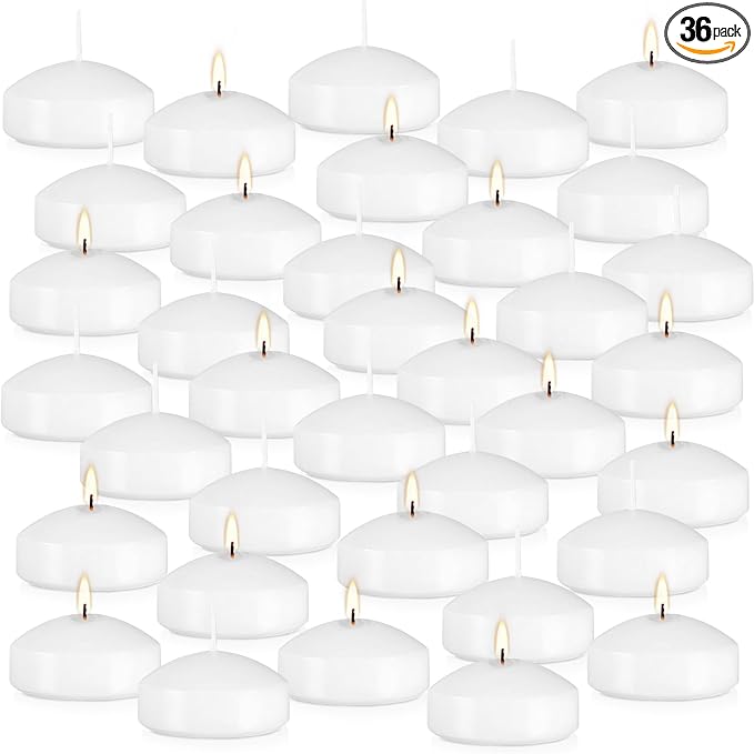 36 Packs 3-Inch Floating Candle Set, White,Unscented Soy Candles for Weddings, Pool Parties, Holiday Table Decorations, Home Decor and More Burn for 8+ Hours.