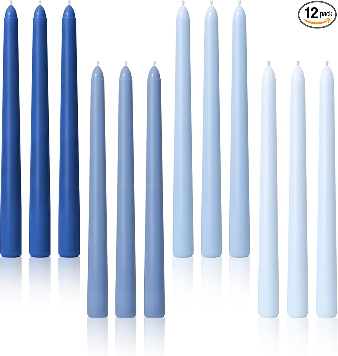 Viyffo 10 Inch Taper Candles Blue Set of 12 Unscented, Dripless, Smokeless Long Tall Tapered Candlesticks Wedding Home Decor Dinner Natural Color Series