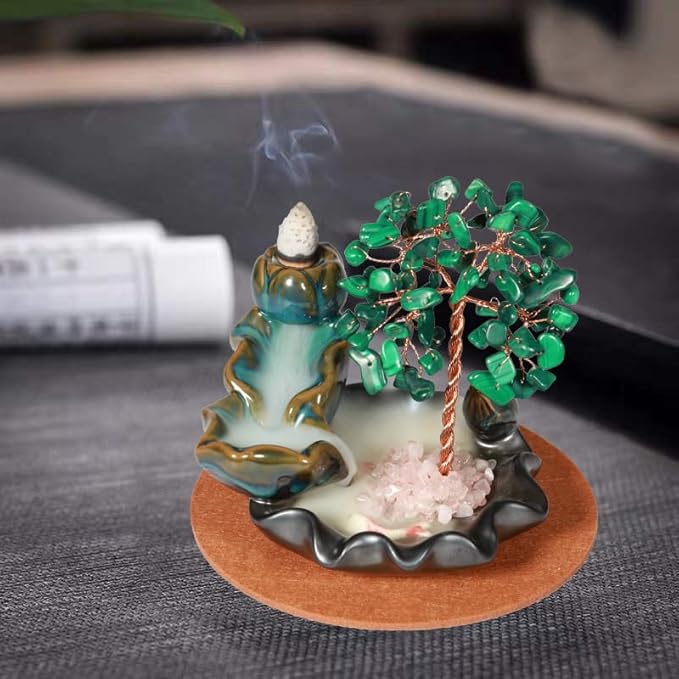 Malachite Waterfall Incense Burner, Money Tree Backflow Incense Holder Healing Crystal Stone, with 30 Backflow Incense Cones + 30 Incense Stick for Yoga Meditation Home Zen Decoration
