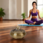 Copper Incense Burner with Stick Holder, Incense Stick Holder Cone Coil Holder with Fireproof Cotton for Madiation Yoga Spa Home Office Decor (Brass)