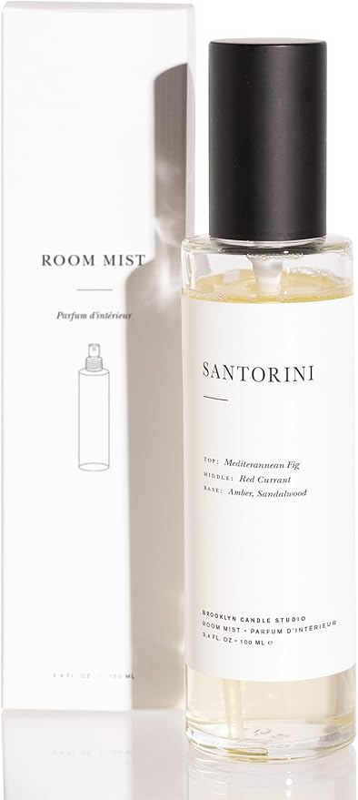 Brooklyn Candle Studio Santorini Room Mist - Long Lasting Fragrance Spray for Body & Linens, Sandalwood & Amber, Air Freshener for Bathroom & Bedroom, Clean Ingredients