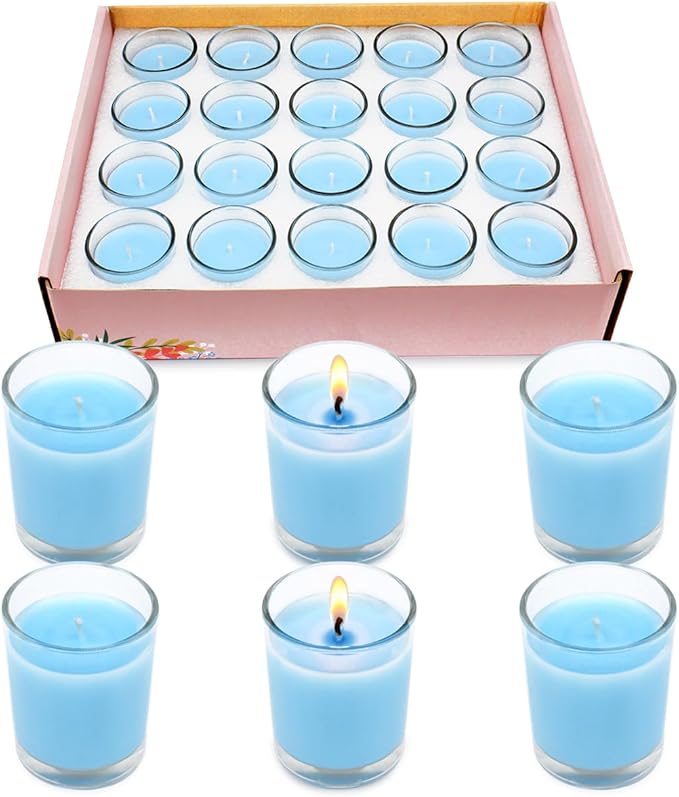 Set of 20 Babyblue Votive Candles Clear Glass Filled Unscented Soy Wax Candle for Home Spa Weddings Holiday Baby-Shower Party and DIY