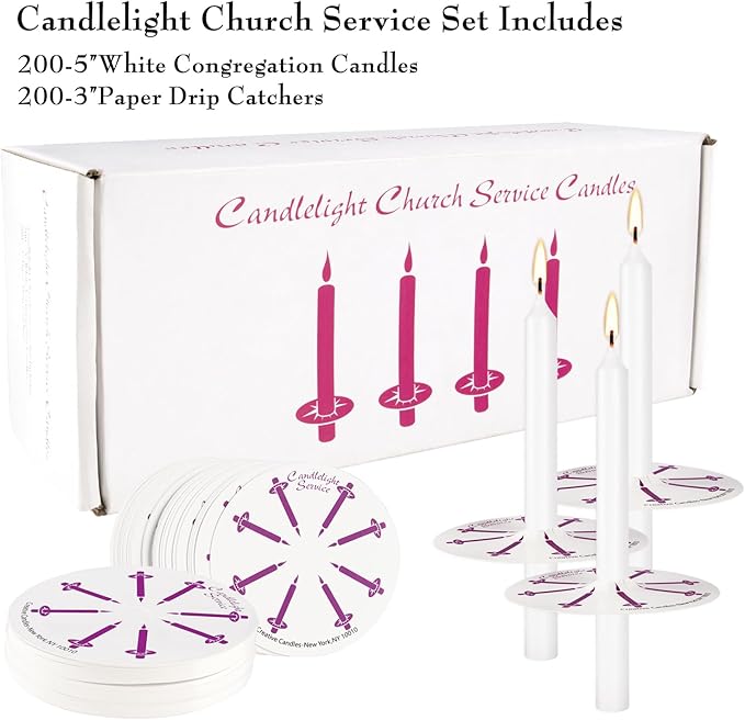 200 White Taper Candles with Drip Protectors Smokeless and Unscented 4.7'' H X 0.47'' D- Handheld Drip Guard,Church for Prayers, Vigil,Memorial Services, Religion,Shabbat, Prayer Candles