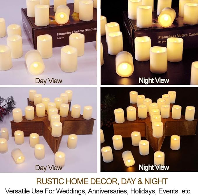 Set of 24 LED Votive Candles with Timer and Remote (Ivory Body with Warm White Glow) - Flickering Flameless Votive Candles Battery Operated - Bulk Rustic Wedding Decorations Reception Table
