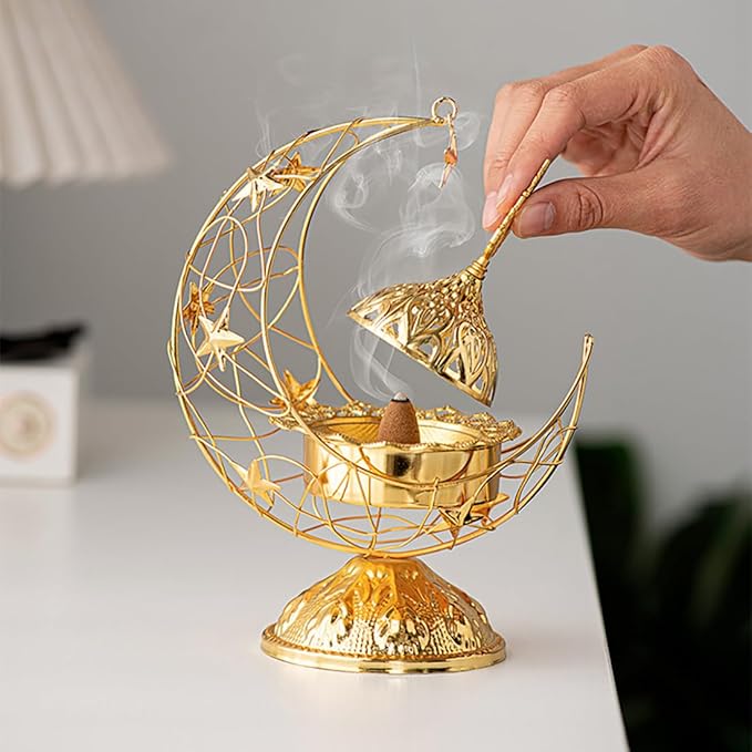 Metal Greek Incense Burner Antique Arabic Incense Censer Pot Metal Candlestick Candle Stand Incense Bowl for Aromatherapy Yoga Spa Home Decor (Gold)