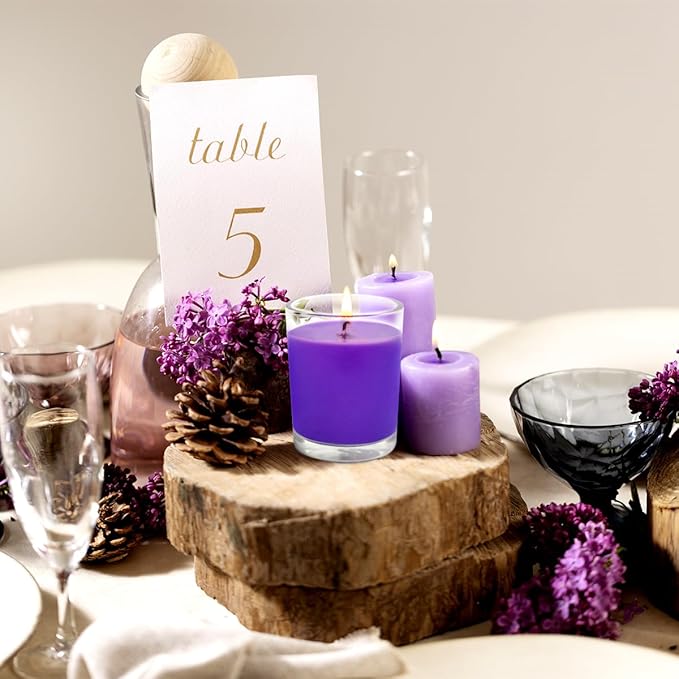 Set of 4 Purple Votive Candles, Clear Glass Filled Soy Wax Lavender Scented Candles for Home Spa Stress Relax and DIY