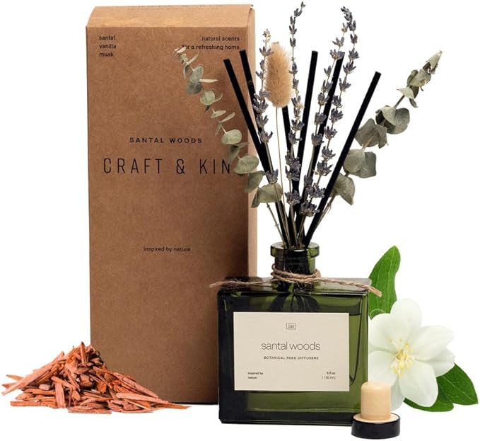 Craft & Kin Reed Diffuser with Dried Flowers | 5 oz Santal Woods Fall Scented Reed Diffusers for Home, Bathroom | Scent Sticks | Elegant Fragrance Home Decor for Men & Women