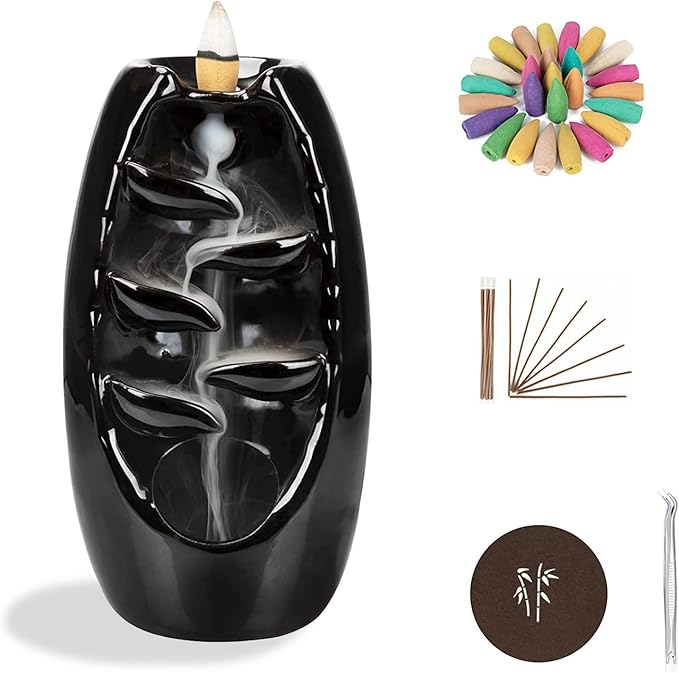 Ceramic Backflow Incense Holder and Burner Waterfall, Incense Fountain with 120 Incense Cones & 30 Incense Stick, Aromatherapy Ornament, Zen Decor, Home Decor, Black
