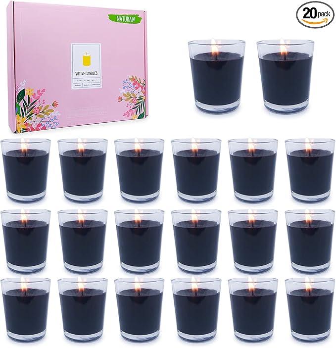 20 Packs Black Votive Candles with Clear Glass Holder, 1.8 Oz Unscented Soy Wax Candle for Home Decoration, Candle Gifts for Christmas Thanksgiving Halloween, 20 Pack of 1.8oz