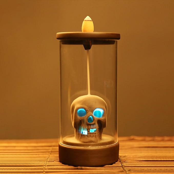 Skull Backflow Incense Burner Ceramic Holder with 45 Cones - Waterfall Smoke Aromatherapy Decor for Home, Yoga, Meditation - Unique Gift for Halloween, Gothic Decor (6.5" H)