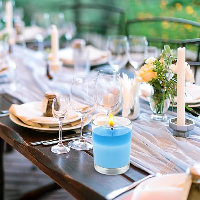 Set of 20 Babyblue Votive Candles Clear Glass Filled Unscented Soy Wax Candle for Home Spa Weddings Holiday Baby-Shower Party and DIY