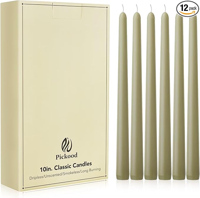 New Burning Formula Unscented Dripless 10-Inch Taper Candles Set of 12 - Sage Green, for Wedding, Dinner - Smokeless, Long Burning - Hand Poured, Colored Tall Candlesticks - Verde Salvia
