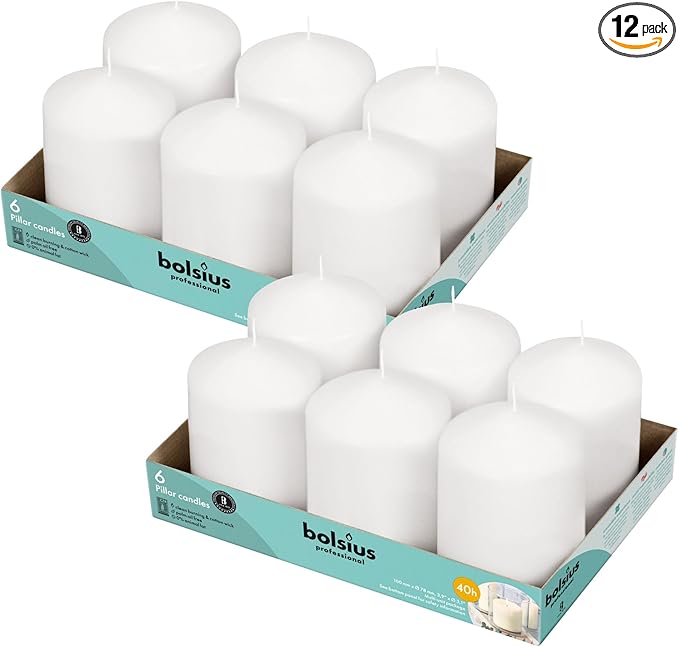 BOLSIUS 12 White Pillar Candles Bulk - 3x4 Inches Candle Set - 40+ Hours Clean Burning - No Palm Oil - 0% Animal Fat - Premium European Quality - Unscented Dripless Home Decor Pillars