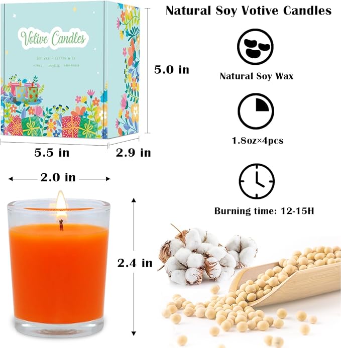 4 Packs Unscented Orange Votive Candles in Clear Glass, Small 1.8oz Natural Soy Wax 2 Inch Fall Colored Candles for Thanksgiveing Day Wedding Party Dinner Table Home Decoration- 12 Hours Burn Time