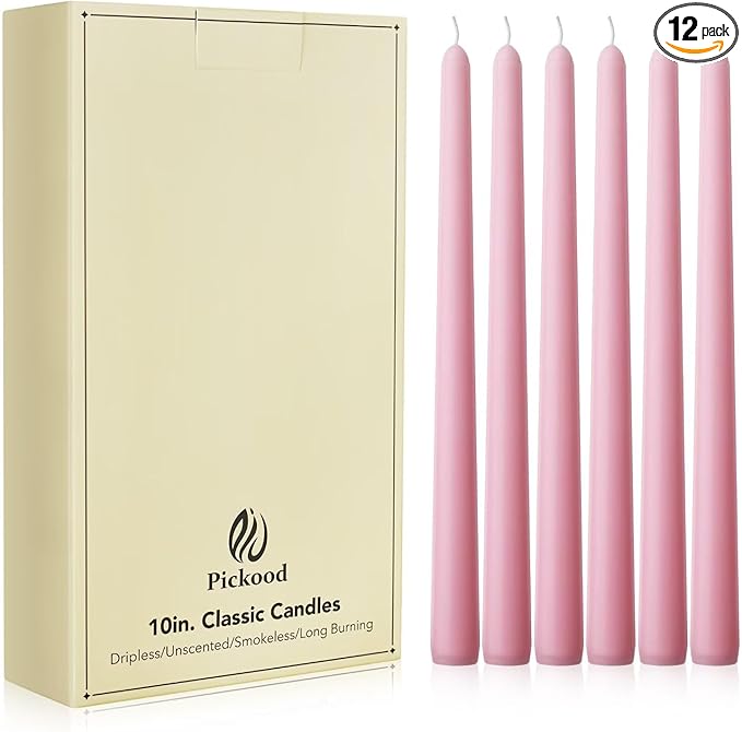 New Burning Formula Unscented Dripless 10-Inch Taper Candles Set of 12 - Pink, for Wedding, Dinner - Smokeless, Long Burning - Hand Poured, Colored Tall Candlesticks - Rosa