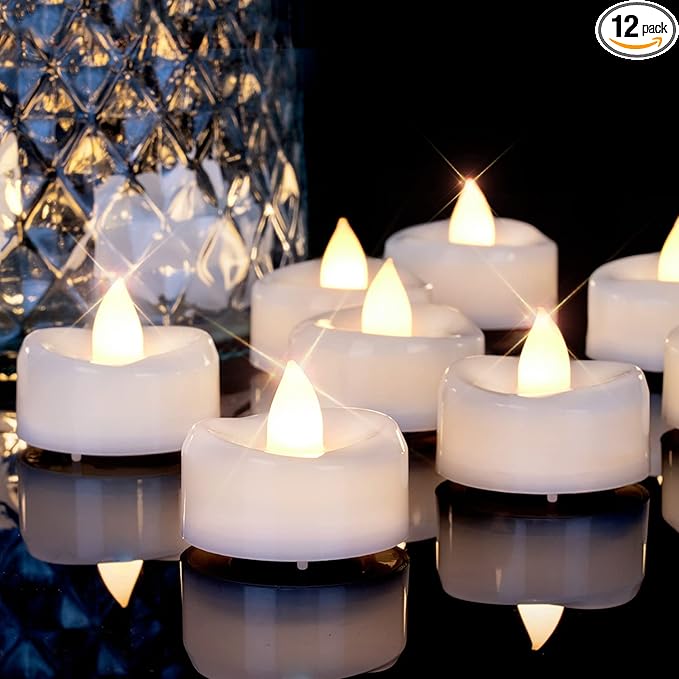 Flameless Candles, 12Pack Timer Fake Candle, LED Tea Light Candles, Battery Operated Votives with 6 Hours Timer Auto for Halloween Christmas Wedding Decor-1.5'' D X 1.25'' H, Warm White