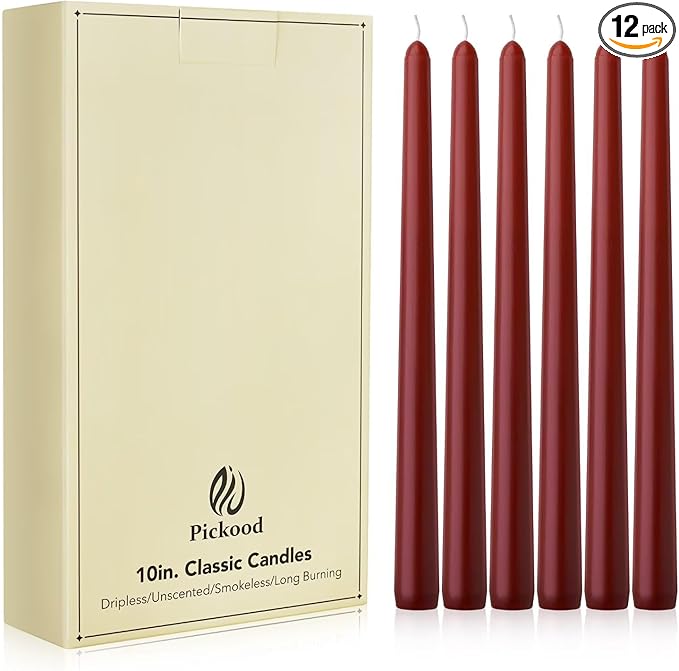 New Burning Formula Unscented Dripless 10-Inch Taper Candles Set of 12 - Dark Red, for Wedding, Dinner - Smokeless, Long Burning - Hand Poured, Colored Tall Candlesticks - Rojo Oscuro