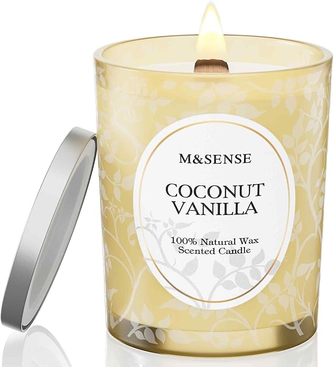 M&SENSE Coconut Vanilla Scented Candle, Wooden Wick Candles with Lid, 100 Hours Long Burning No Toxin Natural Soy Wax 18oz, Relax Stress Relief Sleep Home Fragrance,Housewarming Gifts for Her Him