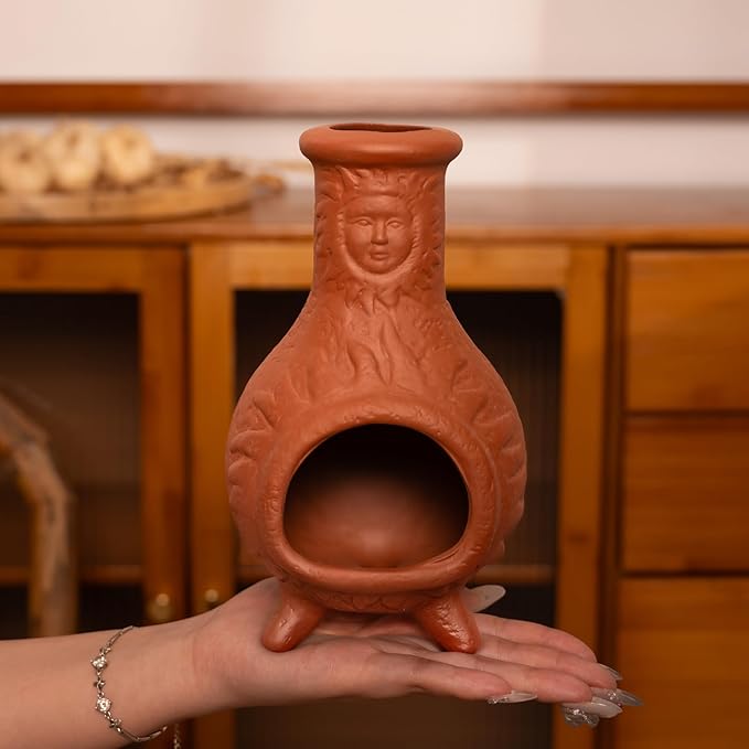 Handcrafted Terracotta Palo Santo Holder with Sun Face Design - Mini Chiminea Incense Burner for Sage & Copal - Thoughtful Gifts for Meditation, Yoga, Aromatherapy