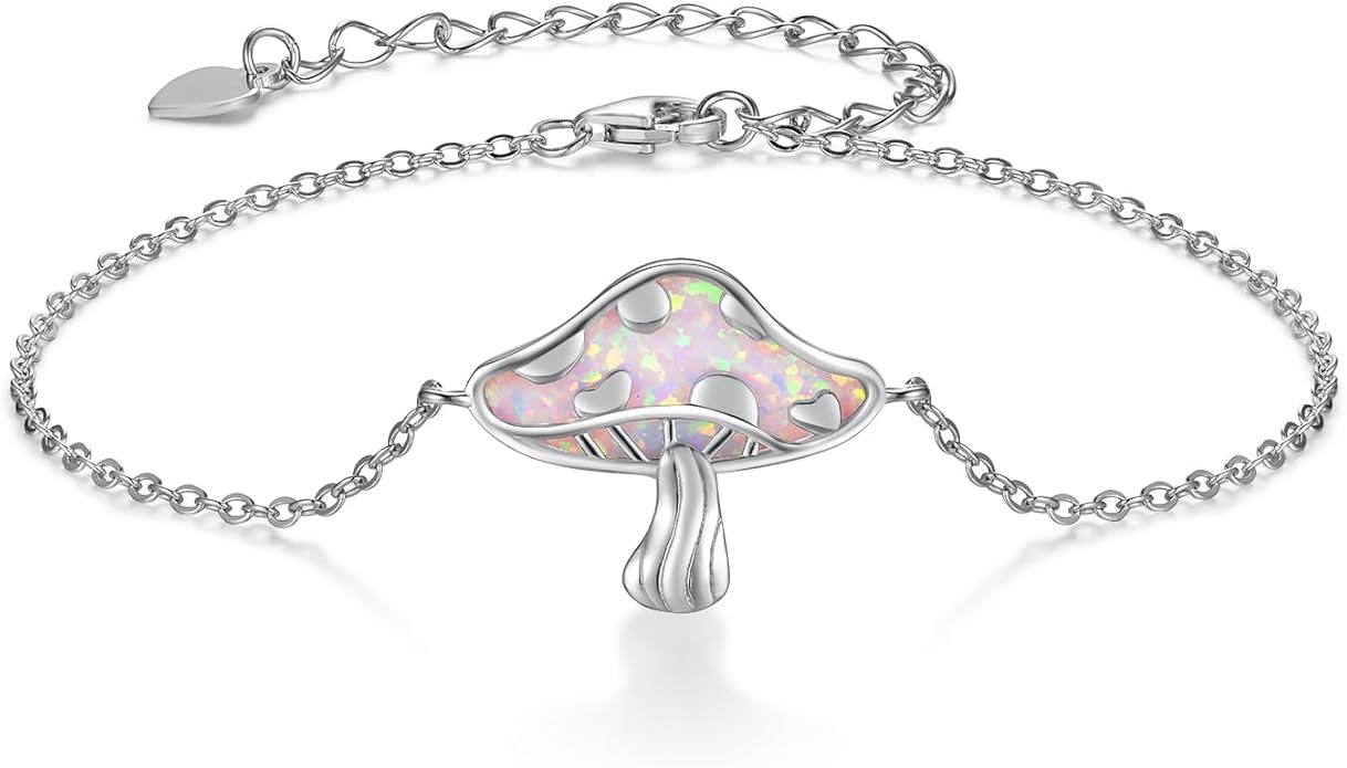 TYSO Mushroom Bracelet 925 Sterling Silver White/Pink/Blue Opal Mushroom Bracelet Jewelry Gift for Women