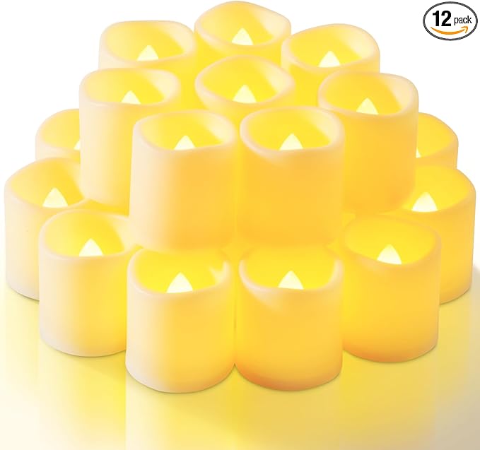 Homemory 12Pack Flickering Flameless Votive Candles, 200+Hour Electric Fake Candles, Battery Operated LED Tealight for Wedding, Outdoor, Table, Festival (Warm White,Battery Included)