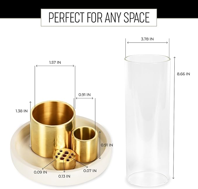 4 in 1 Ceramic Incense Burner with Glass Ash Catcher, Incense Holder for Sticks, Palo Santo, Sage and Cones - Ceramic Ash Catcher Tray for Meditation Yoga Room Home Decor - White