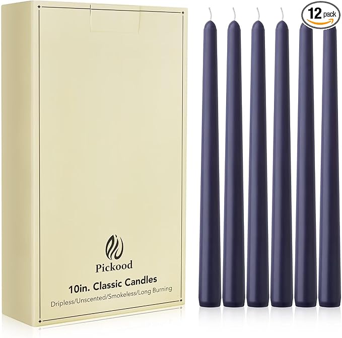 New Burning Formula Unscented Dripless 10-Inch Taper Candles Set of 12 - Navy Blue, for Wedding, Dinner - Smokeless, Long Burning - Hand Poured, Colored Tall Candlesticks - Azul Marino