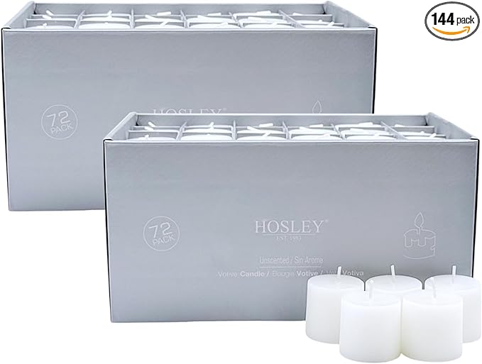 Hosley Set of 144 Unscented White Votive Candles – Bulk Pack, Clean-Burning, Long-Lasting 10-12 Hour Burn Time – Ideal for Weddings, Home Décor, Spa, and Events