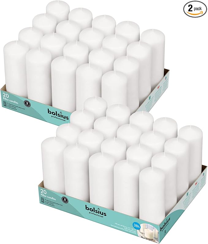 BOLSIUS White Pillar Candles - 2x6 Inches - 2 Packs = Total 40 Candles - 38+ Hours - Premium European Quality - Consistent Smokeless Flame - Unscented Dripless Pillars
