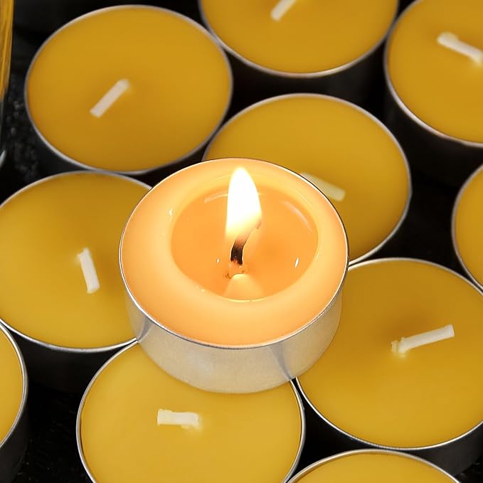 48 Pack Beeswax Tealight Candles Bulk,Pure Natural Bees Wax in Aluminum Shell - 4 Hour Extended Burn Time,Smokeless Tea Light Candles for Home Deco,Table centerpieces