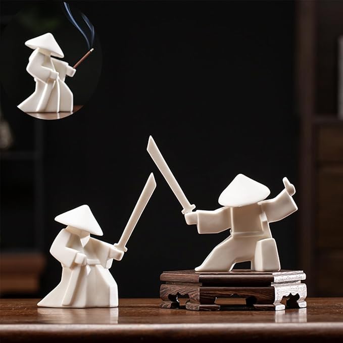 EAEMDY Samurai Figure Figurine Japanese Warrior Statue Decor for Table Room, Incense Holder for Stick Burner Incense Stick Holder, Kongfu Tea Pet Decoration (2. White A+B)