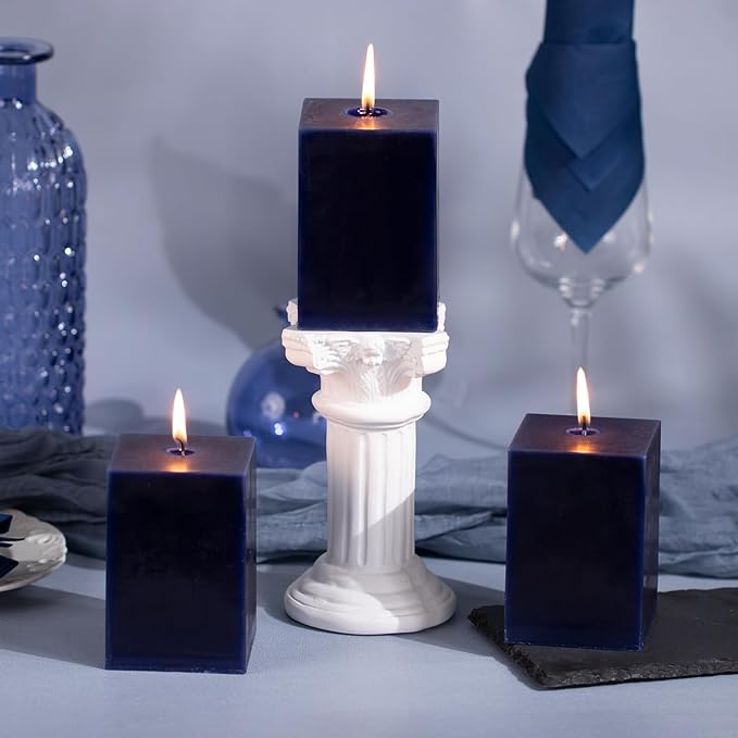 KONNI Square Dark Blue Pillar Candles Set of 3, 2.8"x4" Unscented Pillar Candles Bulk, 30 Hours Long Burning Candles, Smokeless Dripless Large Candle for Wedding, Home Decoration, Parties, Dinner