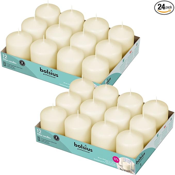 BOLSIUS Ivory Pillar Candles - 2.25x3 Inches - 2 Packs = Total 24 Candles - 17+ Hours - Premium European Quality - Consistent Smokeless Flame - Unscented Dripless Eco-Friendly Pillars