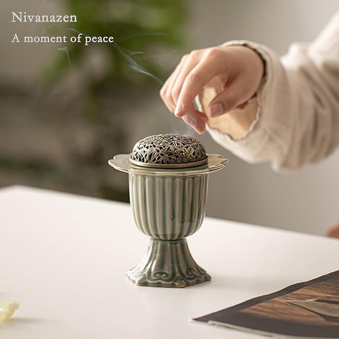 Ceramic Incense Holder with Braze Lid,Incense Cone Burner for Coil Incense,Mediation Gift,Home Decor (Light Green)