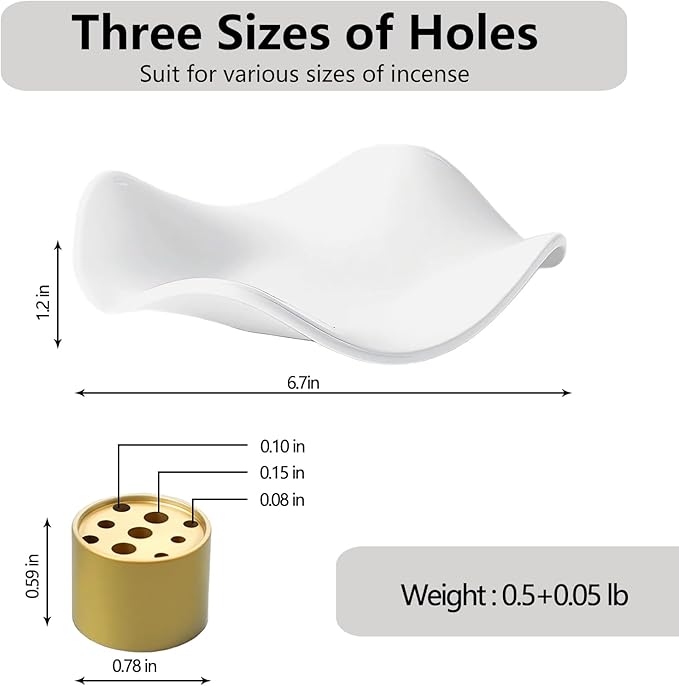 6.7 "Ceramic Incense Burner for Incense/Coil,Wavy Base with Brass -Incense Holder for Sticks,with Ash Catching Bowl for Meditation Yoga and Home Decoration (White)