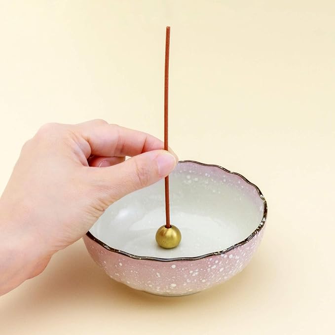 Asayu Japanese Lotus Incense Holder for Sticks 4.1 inch (105mm), Traditional Made in Japan Ceramic Ash Catcher and Brass Incense Burner Set - Pink