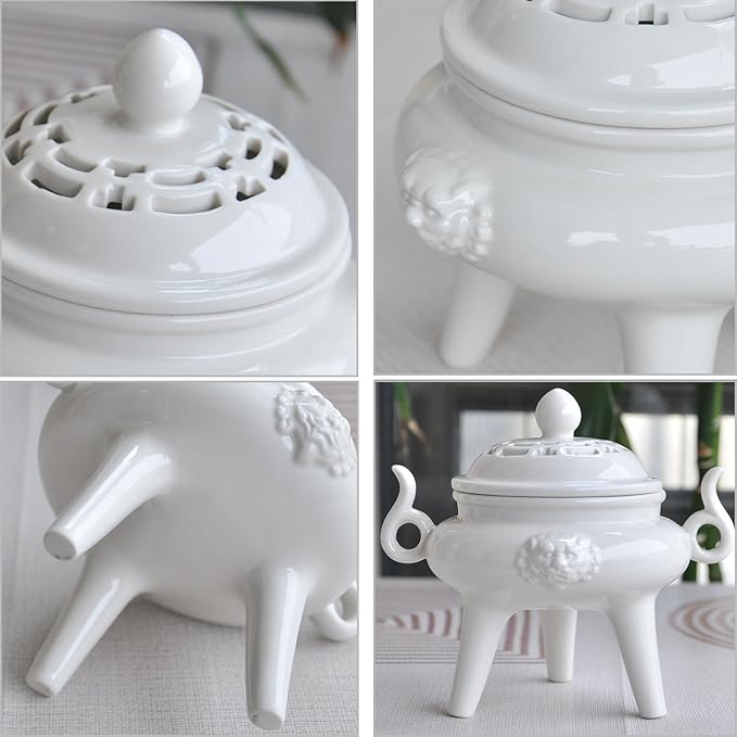 Ceramic Incense Cone Burner with Lid,Stylish Incense Holder for Coil Incense and Powder Incense,Mediation Gift,Room Decor(White)