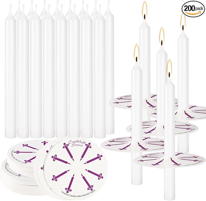 200 White Taper Candles with Drip Protectors Smokeless and Unscented 4.7'' H X 0.47'' D- Handheld Drip Guard,Church for Prayers, Vigil,Memorial Services, Religion,Shabbat, Prayer Candles