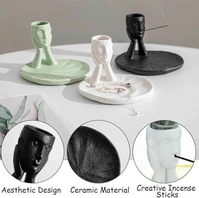 Incense Holder Modern Ceramic, Creative Incense Burner Head Sculpture Figurine Jewelry Dish Trinket Tray Incense Ash Catcher for Burning Sage Stick Unique Gift Home Decor - Black