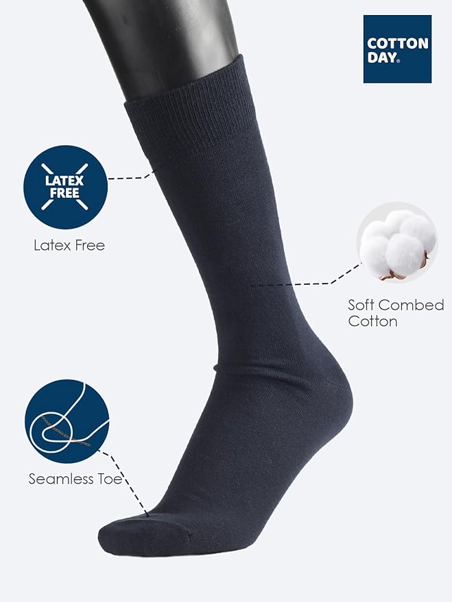 COTTON DAY Men's Premium Soft Combed Cotton Trouser Dress Socks Seamless Toe Black Navy Blue Striped