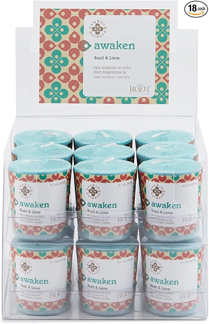 Root Candles Seeking Balance Spa Candle Aromatherapy Candles, Votives, Awaken: Basil & Lime, 18-Count