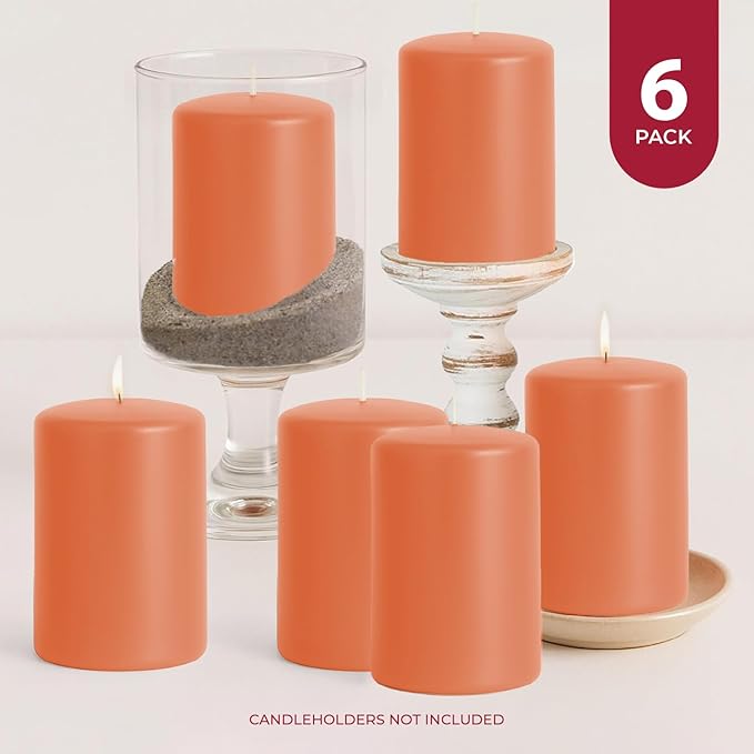 Biedermann & Sons 45-Hour Long Burning Unscented Pillar Candles, Peach, 3 x 4 Inch - Set of 6