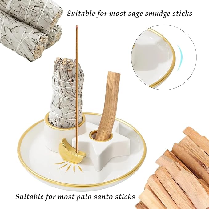 Incense Burner Holder, Palo Santo Holder, Sage Holder for Burning, Incense Holder for Sticks, Candle Holder, 5.9 inches Ceramic Ash Catcher Tray for Meditation Yoga Room