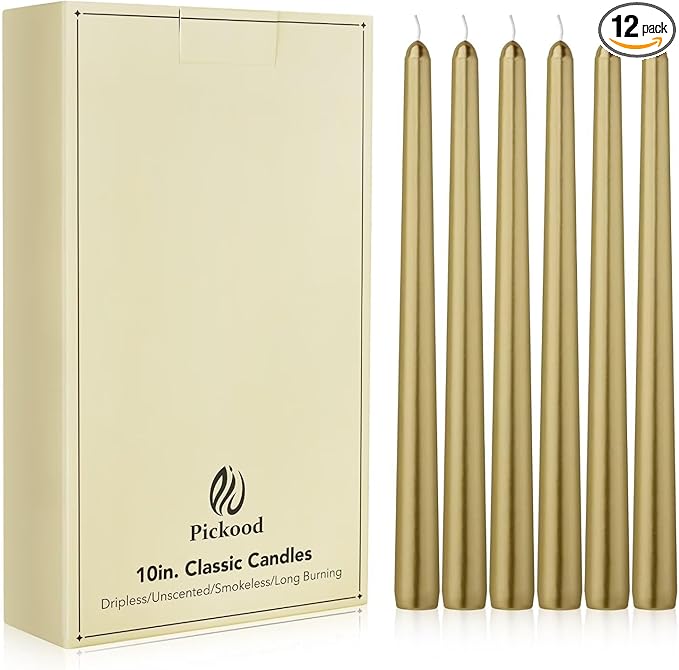 New Burning Formula Unscented Dripless 10-Inch Taper Candles Set of 12 - Gold, for Wedding, Dinner - Smokeless, Long Burning - Hand Poured, Colored Tall Candlesticks - Oro